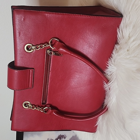 Large Vegan Leather Red Handbag Quilted Pattern Shoulder Satchel Hand Bag Purse - Picture 7 of 10